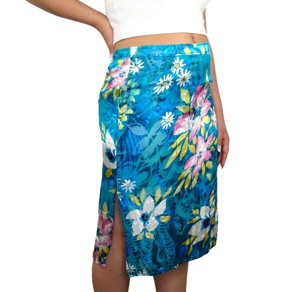 Y2k Wet Seal Teal Tropical Coconut Girl Floral Midi Skirt with Side Slit 28" - Picture 1 of 7